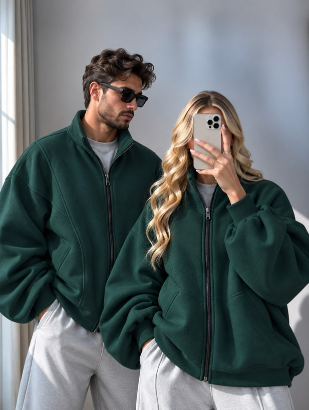 سویشرت زیپدار زنانه و مردانه با آستین خفاشی و تکهدوزی پنلی از جنس دورس کرکدار طوسی